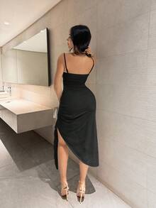 Shopreo Elegant Sage Green Romantic Ruffle Sleeve High Slit Maxi Dress, Lace Bodycon Party Dress For Women, Suitable For Valentine's Day, Date, Wedding, Prom Dress, Draped Dress Ruched Dress Black Dress Drape Dress Black Draped Dress Draped Ruched Dress Black Ruched Dress,Black Dresses Classy Elegant,Wedding Guest Dress,Party Dresses For Women - Black - View 2