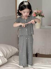 DAZY Bộ đồ mặc nhà mùa hè cho bé gái, gồm áo thun dài tay và quần dài in họa tiết toàn thân. - Xám - Xem 5