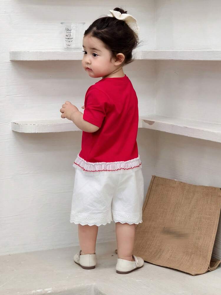 Baby Girls' Letter Print Lace Trim Patchwork Short Sleeve Top Summer