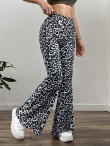 SHEIN EZwear 女士豹纹印花喇叭针织裤，春夏款 - 灰色 - 查看 4
