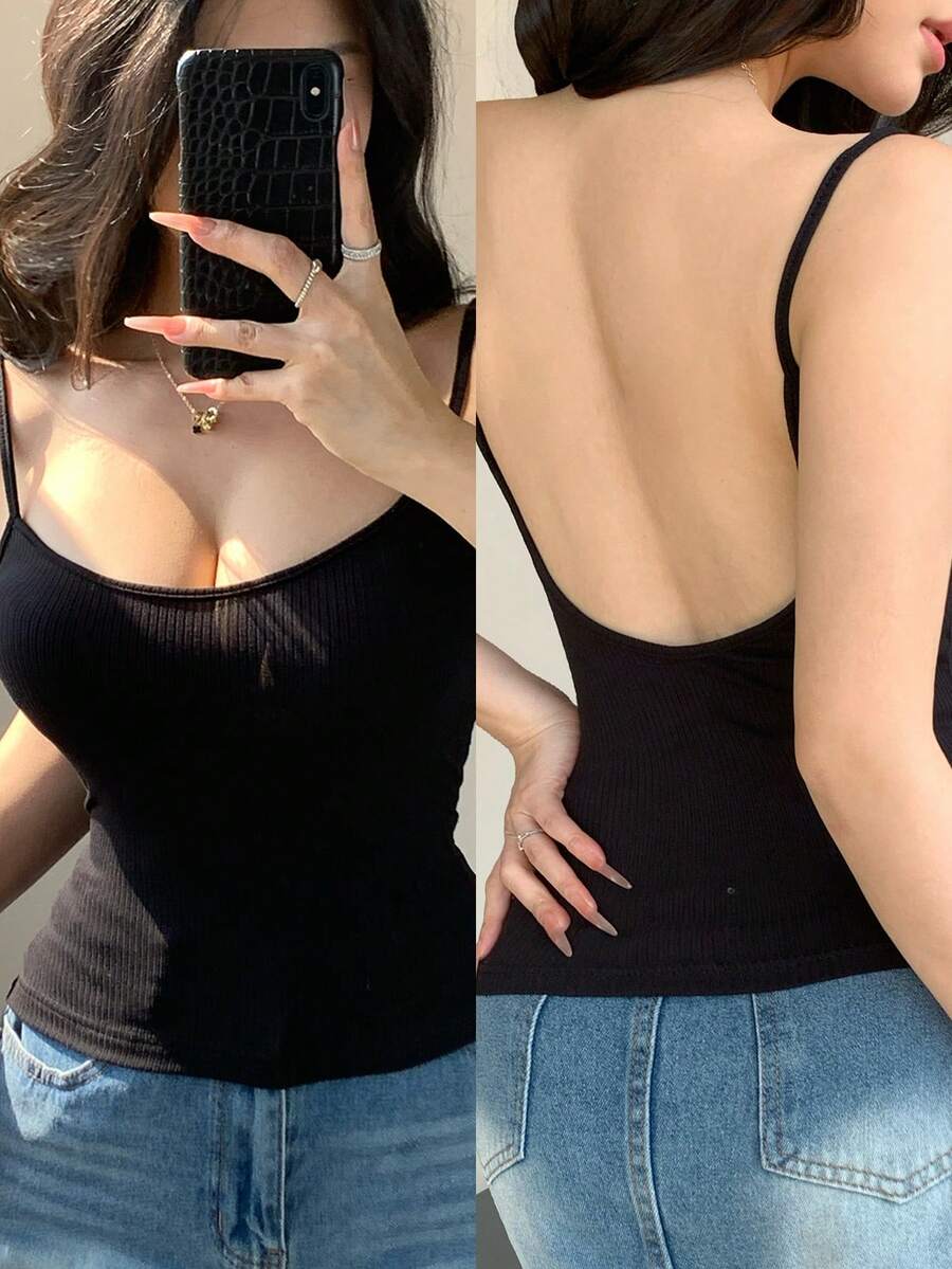 DAZY 女款極簡純色露背細肩帶背心 夏季 Y2K 上衣 - 黑色 - 查看 1