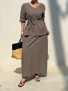 Dazy Plus Plus Size Women's V-Neck Belted Top And Skirt 2 Pieces Set, Casual Vacation, Spring/Autumn Summer Lounge Sets For Women - Brown - View 7