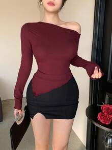 Camiseta de manga larga con hombro asimétrico, volantes y fruncido para mujer - Rojo - Ver 4