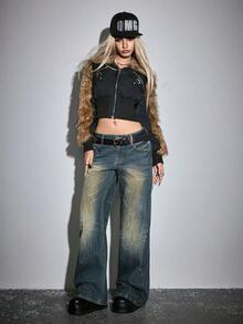 ROMWE J-Fashion Quần jeans nữ cạp thấp phong cách retro Thu Đông mới, họa tiết đầu hổ Geisha kiểu Trung Quốc, thêu chữ Anh. - Màu xanh lam - Xem 9
