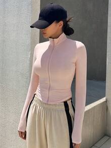 DAZY Áo khoác thể thao ôm dáng mới dành cho nữ mùa thu, có khóa kéo phía trước. - Hồng - Xem 3