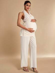 MaterniChic Setelan Hamil 2 Potong Warna Polos dengan Atasan Tanpa Lengan Berkerah Draping dan Celana Panjang Pinggang yang Dapat Diatur, Modis untuk Pemotretan Kehamilan dan Acara Baby Shower - Aprikot - View 8