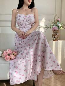 Celisse Women's Contrast Lace Floral Pattern Ruffle Elegant Camisole Dress - Pink - View 6