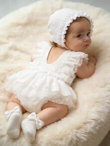 2Pcs Newborn Photography Romper With Matching Hat White Baby Girl Wedding Dress Summer Spring Ruffle Jumpsuit 0-3 Months Baby Photo Shooting Props - Multicolor - View 7