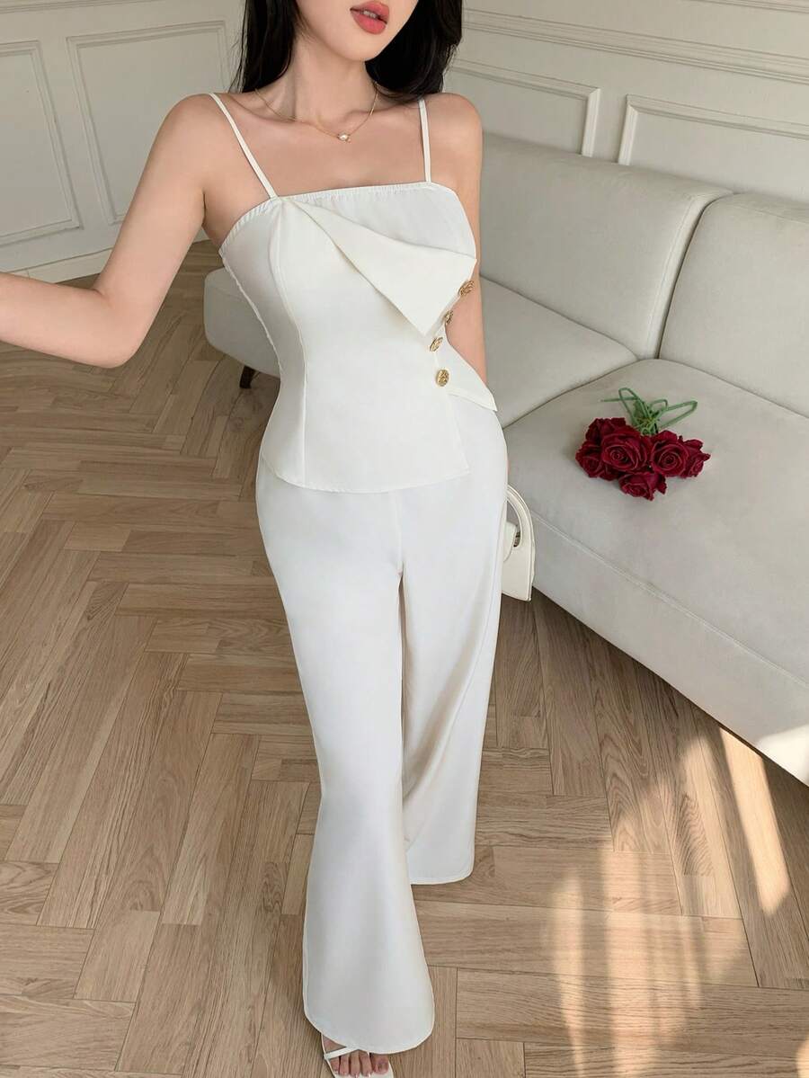 Celisse Women's Elegant Sexy Solid Color Sleeveless Jumpsuit, Summer Golf White - Apricot - View 1