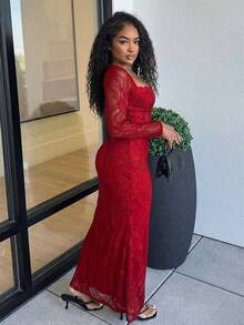 Alexandranx Women's New Autumn/Winter Party Date Night Sexy S-Shaped Lace Long Sleeve Bra Cup Fishbone Square Neck Bodycon Dress, Black,Summer Dresses For Women - Burgundy - View 4