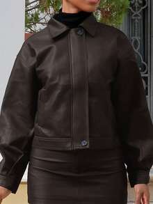 Yess Loren 秋冬新款宽松休闲加厚PU皮女式常规夹克女式外套 - 黑色 - 查看 5