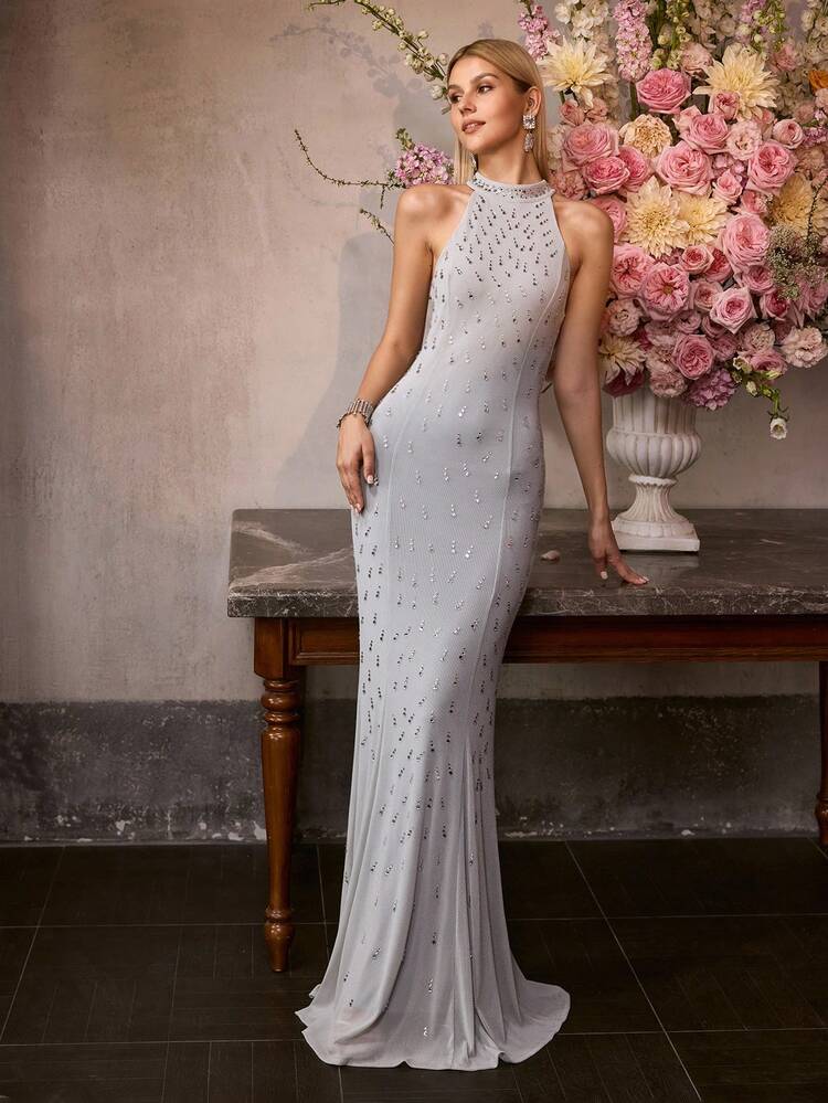 MOTF Soiréza WOMEN'S RHINESTONE EMBELLISHED STAND COLLAR LONG FORMAL DRESS