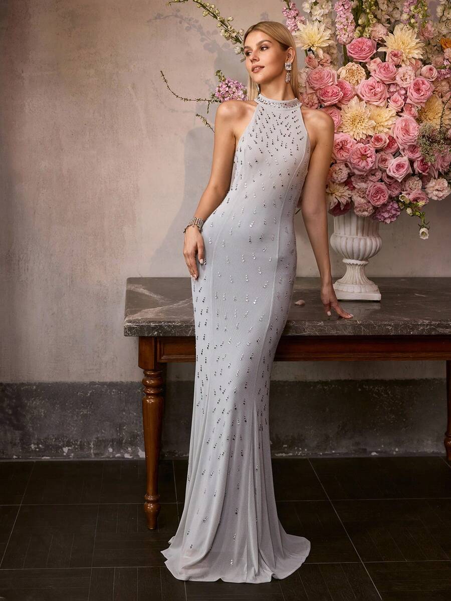 MOTF Soiréza WOMEN'S RHINESTONE EMBELLISHED STAND COLLAR LONG FORMAL DRESS - Blue - View 1