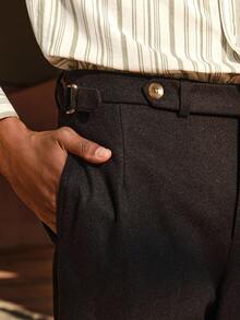 AKNOTIC 男士纯色腰部纽扣设计直筒西装裤 - 黑色 - 查看 3