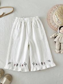 LMoss Kids 女婴花卉刺绣宽松卡其色牛仔裤 - 白色 - 查看 5