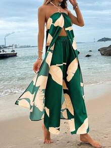 Breezaya 热带植物印花露背短款上衣+松紧腰直筒裤两件套，春夏款 - 墨綠色 - 查看 3