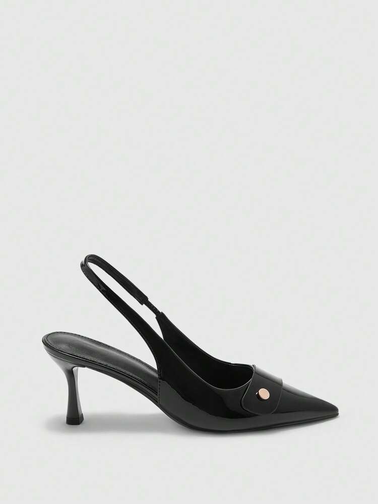 CUCCOO BIZCHIC Women Shoes Four Seasons New Black Metal Buckle Pointed Toe Thin High Heel Low Vamp Commuter Elegant Fashion Women's High Heel Shoes Slingback After Slingback Shoes Dew Heel Dinner Party Elegant Office Workers Holiday Wear Women's Shoes