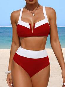 Swim Lushoire Bộ bikini nữ mùa hè, kiểu dáng thường ngày, cổ chữ V, phối màu đen trắng, thích hợp đi biển. - Đỏ - Xem 6