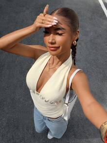 Muchica Áo hai dây cổ yếm dệt kim màu mơ dành cho nữ, chất liệu vỏ sò, có họa tiết. - Màu be - Xem 5