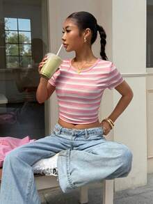 SHEIN EZwear Camiseta de mujer de manga corta, cuello redondo y ajustada con estampado de rayas - Multicolor - Ver 6