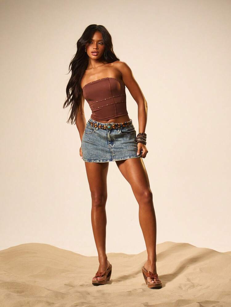 MISSGUIDED レースアップ コルセットトップ スタッズベルト付き フィッテッドシルエット イブニングデートナイト用 レディース