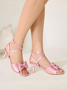 CUCCOO CHICEST Pink Satin Bow High Heel Sandals Strap Strap Square Heel Temperament Banquet Sandals - Pink - View 5