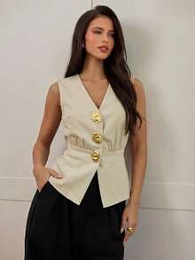 Aloruh 女士优雅纯色休闲商务单排扣深V领薄款背心 - 卡其色 - 查看 6