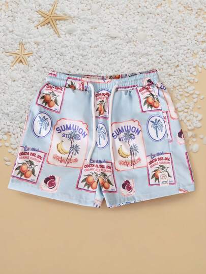 SUMWON Vintage Stamps All Over Print Swim Shorts For Boys Summer Beach Swimming Pool Vacation Holiday Tropical Fruit Palm Tree Design