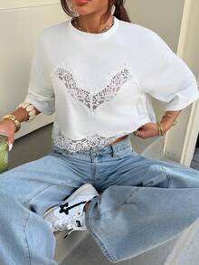 Muchica 女士休闲纯色蕾丝拼接T恤，夏季 - 白色 - 查看 6