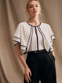 Anewsta 春季精致宝塔设计荷叶边下摆层叠喇叭袖女式衬衫 - 白色 - 查看 6