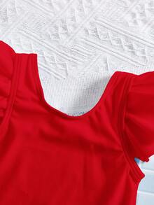 SHEIN 女嬰純色蝴蝶結裝飾連身泳衣，海灘度假，女嬰 - 彩色 - 查看 5