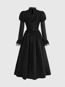 ROMWE Goth Vestido largo ajustado de línea A con mangas abullonadas y encaje con diseño de telaraña estilo gótico - Negro - Ver 10