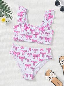 SHEIN 少女蝴蝶结印花可爱时尚泳装套装，适合海滩和泳池穿着 - 粉色 - 查看 1