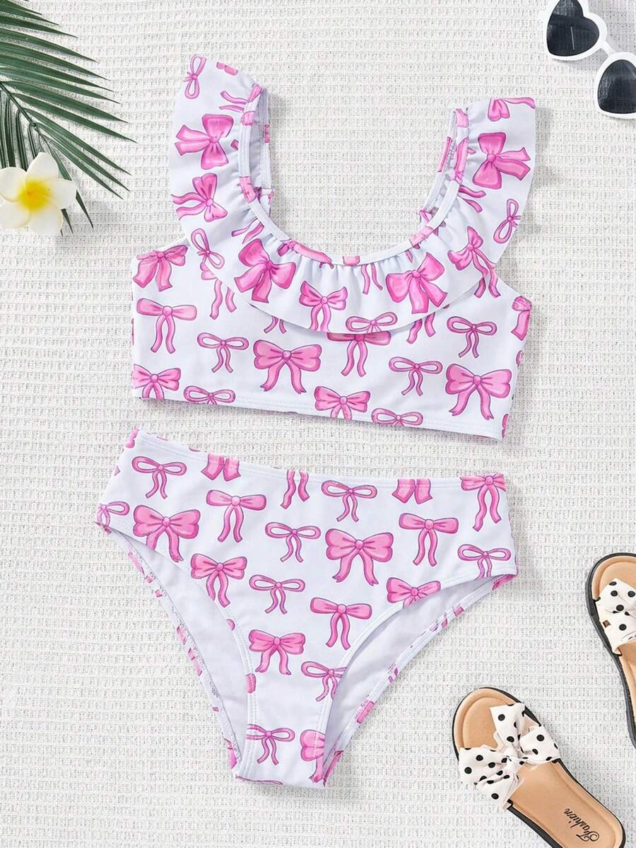 SHEIN 少女蝴蝶结印花可爱时尚泳装套装，适合海滩和泳池穿着 - 粉色 - 查看 1