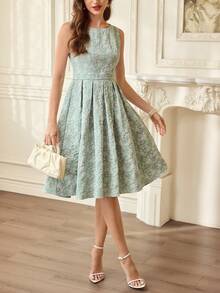 Vintamour 复古经典优雅女士连衣裙，春夏修身提花连衣裙，船领无袖直筒连衣裙，绿色 - 綠色 - 查看 5