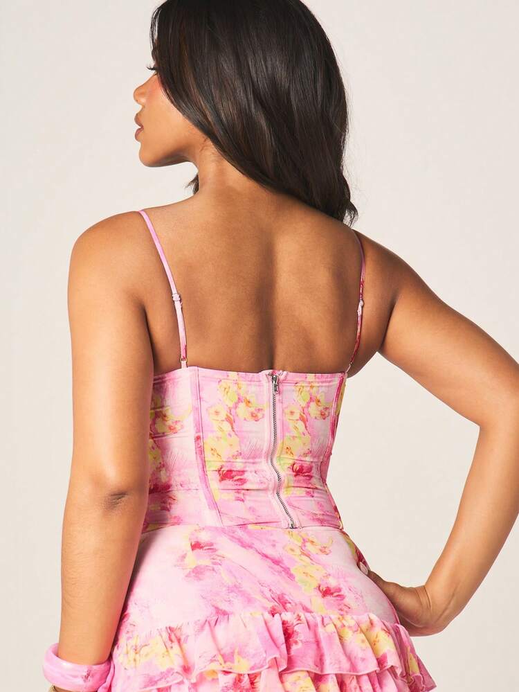 MISSGUIDED Women's Pink Floral Corset Top Bustier Style With Thin Straps For Spring Summer Occasions Party Wear