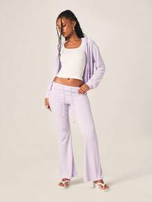 MISSGUIDED 女士薰衣草色毛巾布喇叭裤高腰柔软抓绒阔腿慢跑裤舒适休闲抽绳腰宽松阔腿裤 - 紫色 - 查看 5