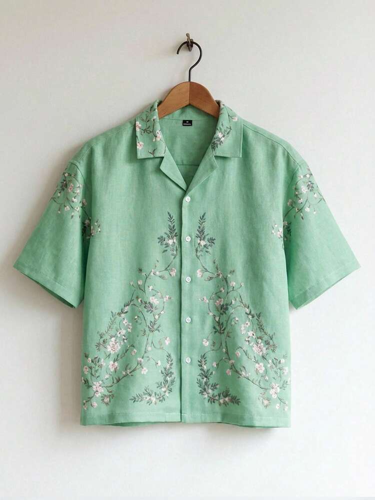 TOKVUE Men's Mint Green Floral Vine Print Linen-Look Short Sleeve