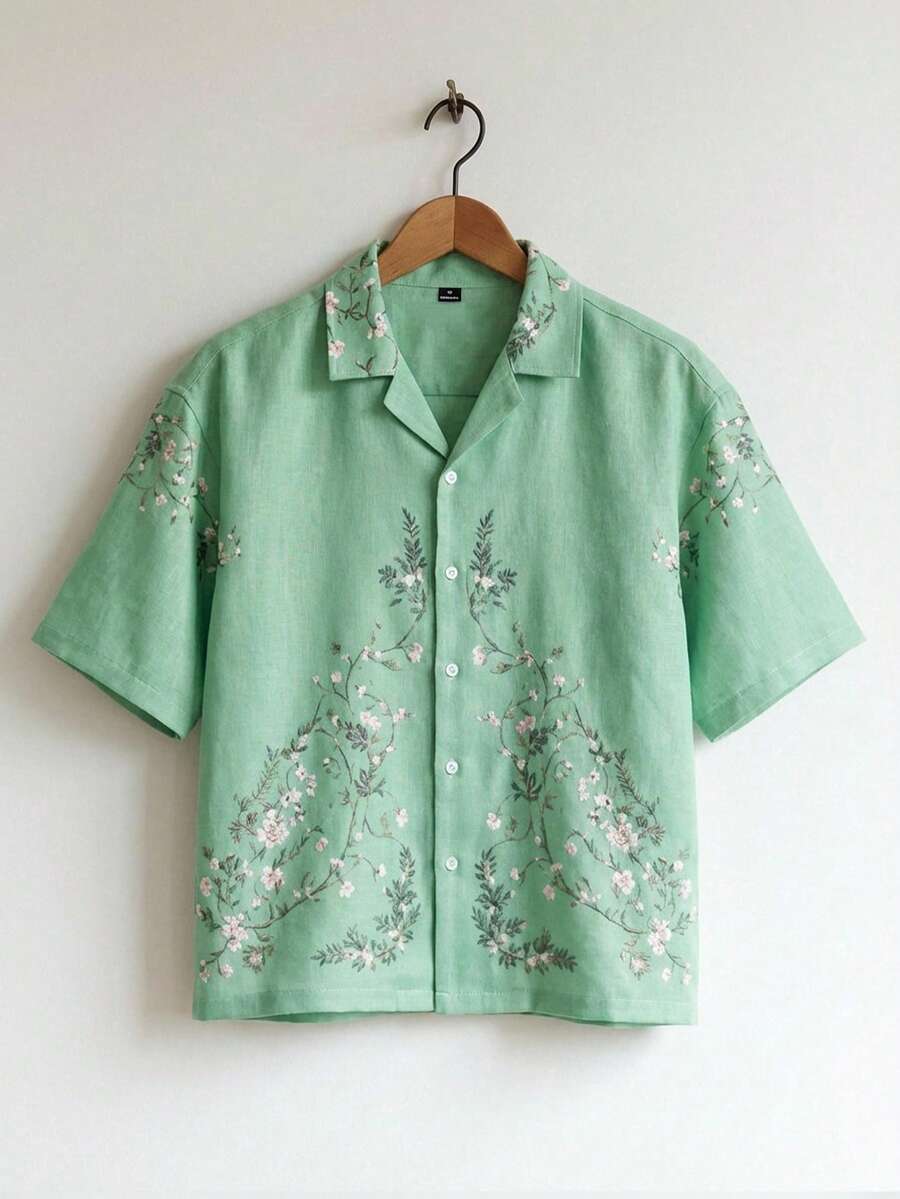 TOKVUE 男士休闲度假植物印花翻领宽松衬衫，夏季