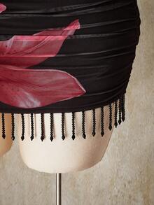 SHEIN ICON Spódnica mini z kwiatowym nadrukiem i frędzlami w dużym rozmiarze, dopasowana, idealna na wakacje, lato i plażę - Wielokolorowe - Zobacz 6