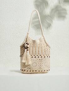 SHECARRY 时尚编织手提包，米色镂空设计 - 米色 - 查看 2