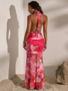 Opulessa Knitted Mesh Printed Dress For Women, Summer Spring Outfits, Beach Vacation Elegant Floral Print,Summer - Hot Pink - View 2