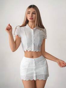 Sweetina 2pcs/Set Women's Petal Sleeve Embroidered Trim Waist Shirt And Bodycon Skirt - White - View 3