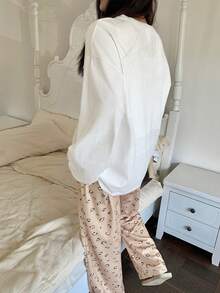 Dazy Plus 卡通熊印花上衣和豹纹睡裤两件套，可爱大码女式睡衣 - 白色 - 查看 6