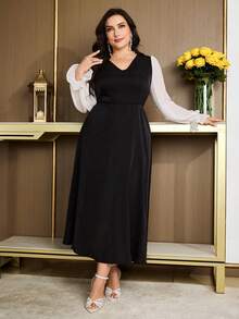 Modelyn Plus Size Women V-Neck Color Block Casual Daily Date Wear Dress - Black and White - View 6