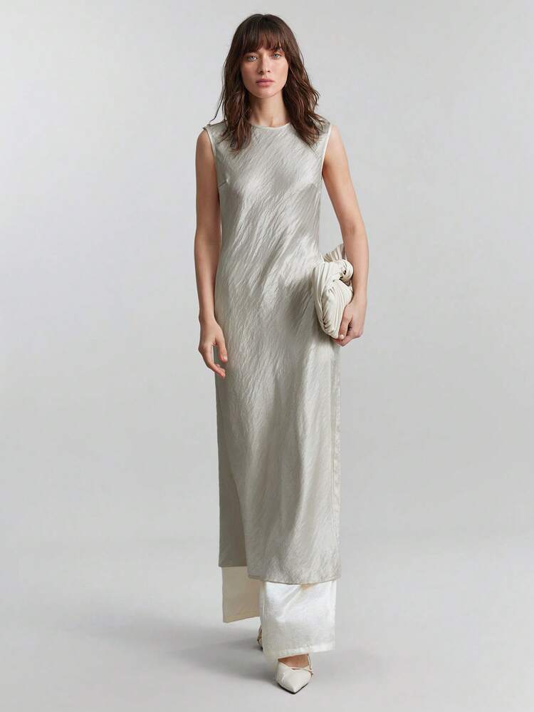2026 Women's Crinkle Satin Crepe Fabric Small Collar Off-Shoulder Round Neck Design With Side High Slit, Diagonal Cut Stylish Urban Casual Business Commuter High-Quality Airport Wear Blouse All Season Modern Urban Casual Fashion Business Casual Women's Office Wear Low-Key Old Money Style Effortless Temperament High-End Urban Commuting High-Quality Airport Women's Wear High-End Material Sleeveless Dress Long Silk Dress Khaki Dress Women Taupe Dress For Women Neutral Dresses For Women
