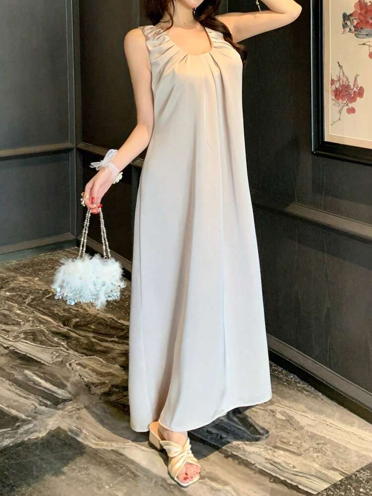 Women's Solid Color V-Neck Pleated Design Sleeveless Elegant Dress Cocktail Dress Sun Dresses For Women Summer