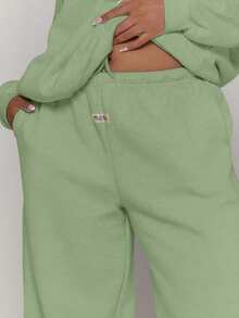 MUSERA Plus Straight Leg Patch Logo Tracksuit Bottom Joggers Autum Casual Everyday Basics Cosy Spring - Green - View 5