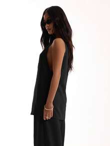 MUSERA Sleeveless Long Line Linen Feel Top Vacation For Vacation Oversized Tee Holiday Beach Going Out Tops Wedding Guest Party Spring Summer - Black - View 3