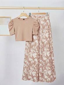 Ellevyn 女士纯色羊腿袖T恤和绿色印花长裤两件套 - 卡其色 - 查看 7